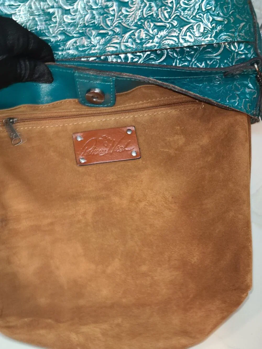 Patricia Nash Harper Tote Crossbody Teal Silver Metallic Floret Tooled Leather